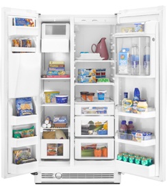 Maytag MSD2576VEW 25.3 cu. ft. Side by Side Refrigerator, Adjustable Spill-Catcher Glass Shelves, Beverage Chiller Compartment, Humidity-Controlled Crispers, Fill-N-Chill Ice/Water Dispenser, Up-Front Sliding Controls